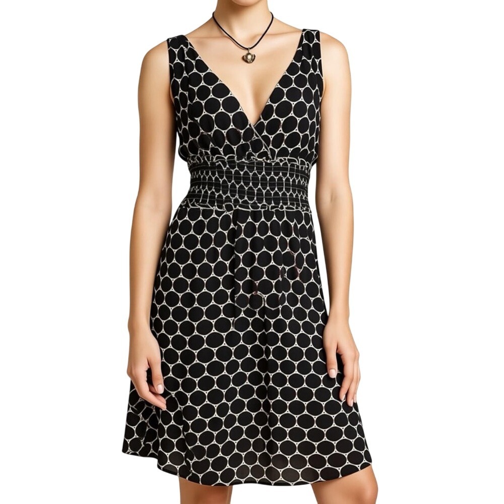 Studio Black White Circle Print Smocked Waist V Neck Midi Dress Size 8